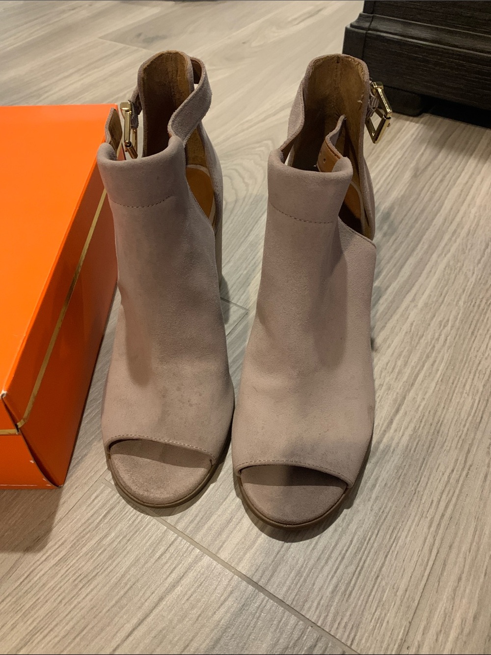 Arturo Chiang Taupe Suede Open-Toe Ankle Booties with Gold Buckle